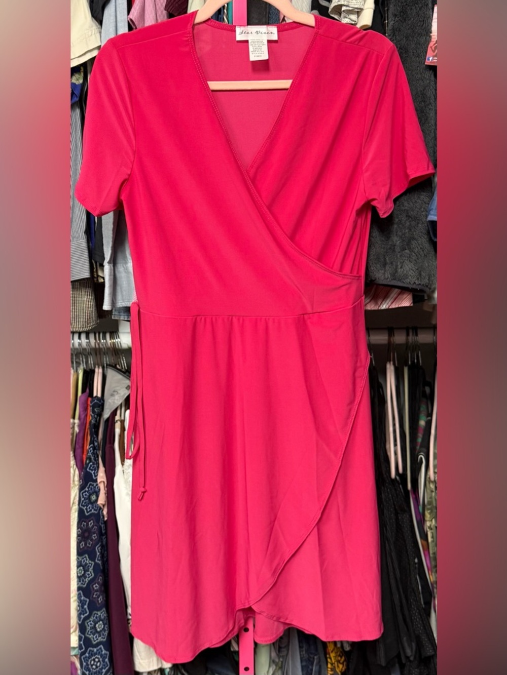 Star Vixen women’s size petite medium PM faux wrap dress solid hot pink new